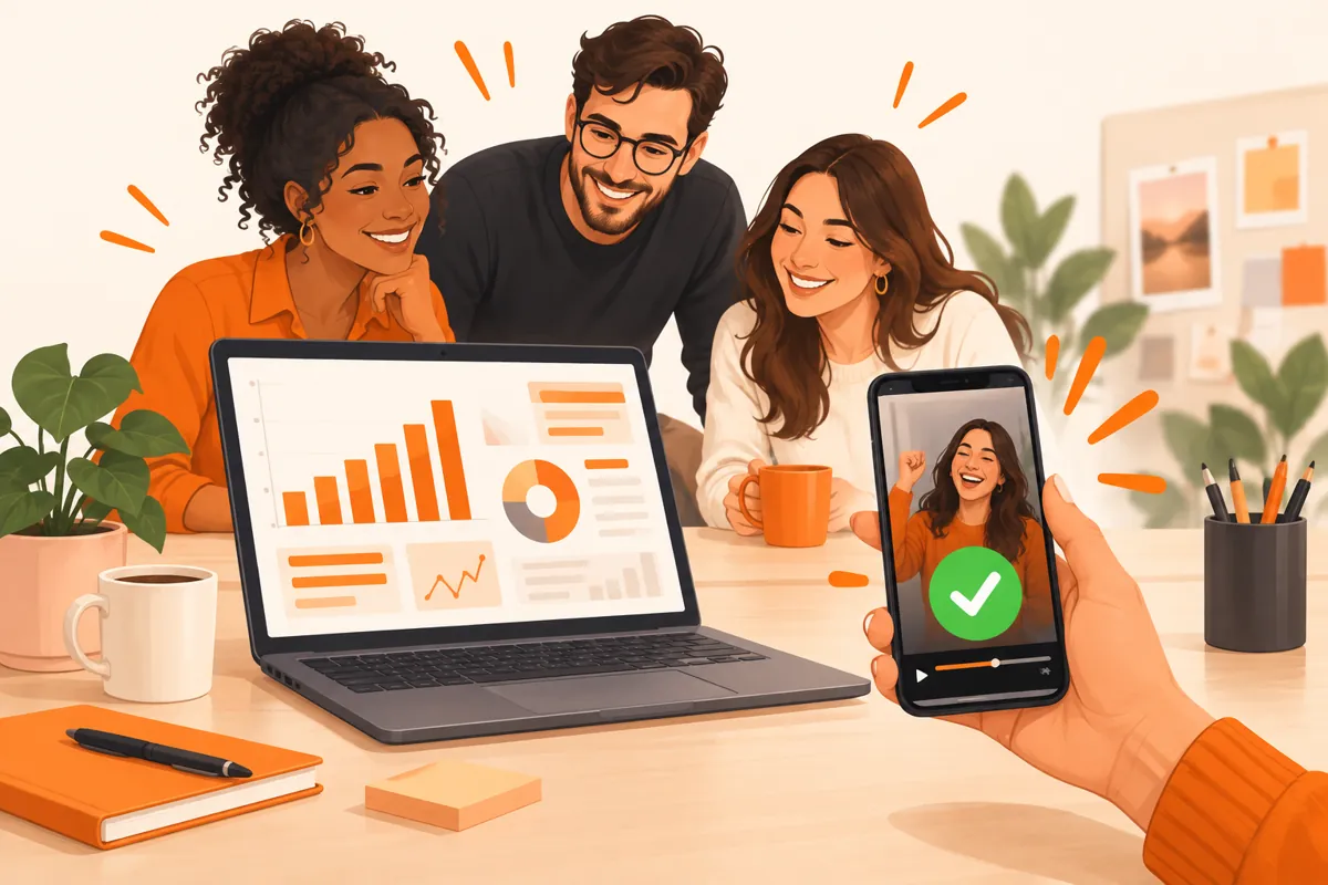 Equipe com relatório no notebook e cliente aprovando o vídeo pelo celular