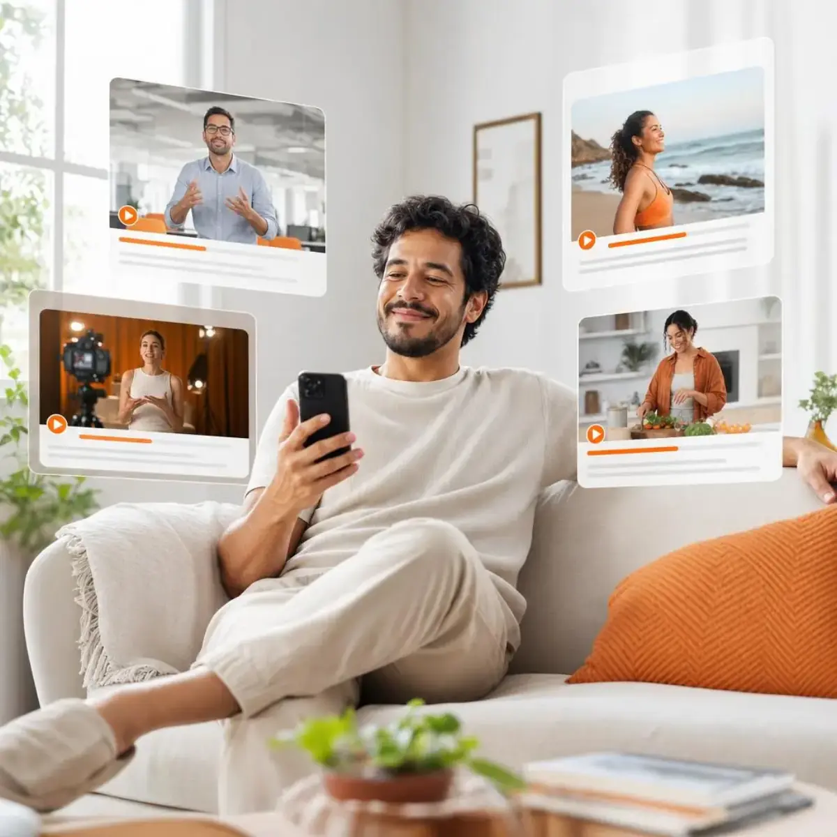 A mesma pessoa relaxada no sofá com criativos flutuando ao redor