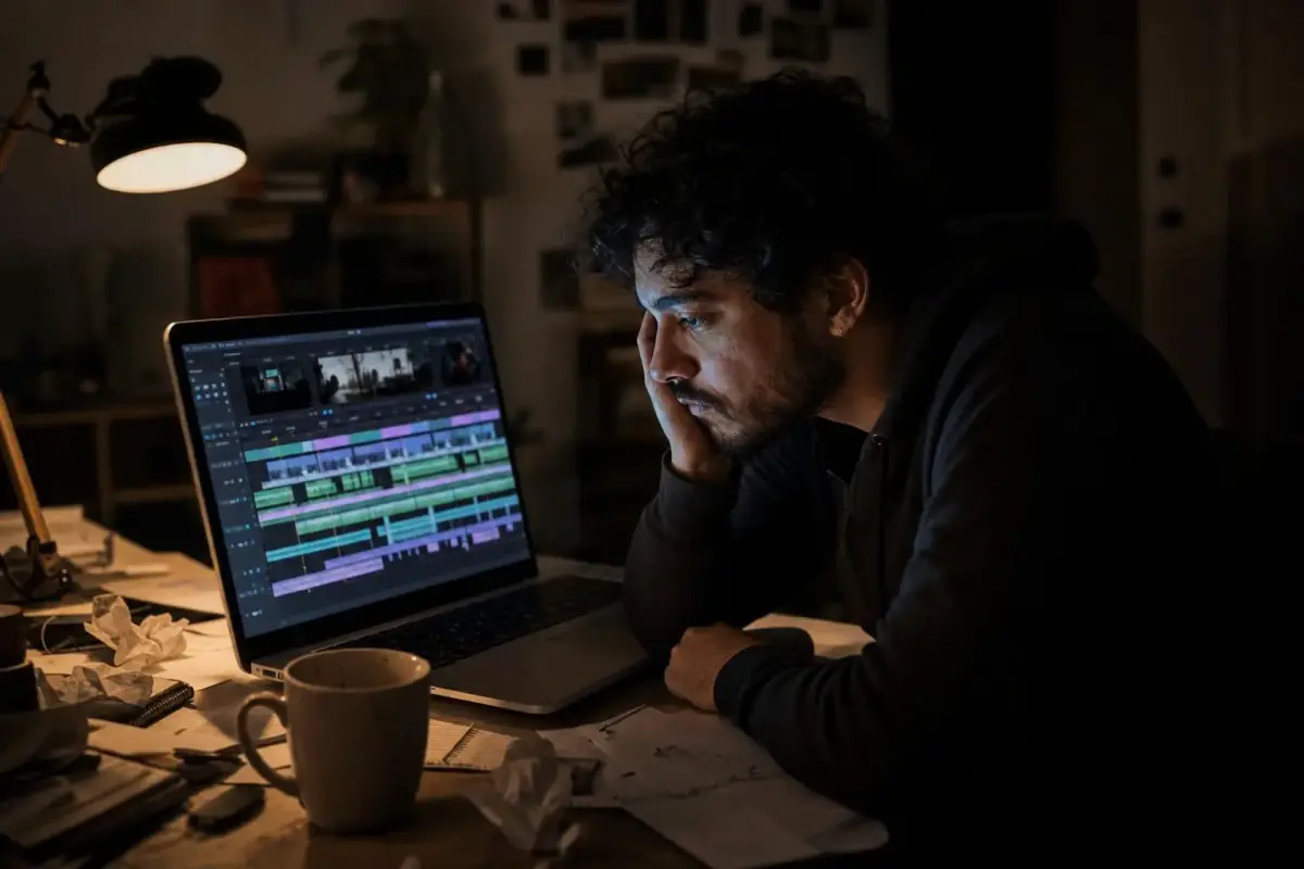 Pessoa exausta editando vídeo no computador à noite