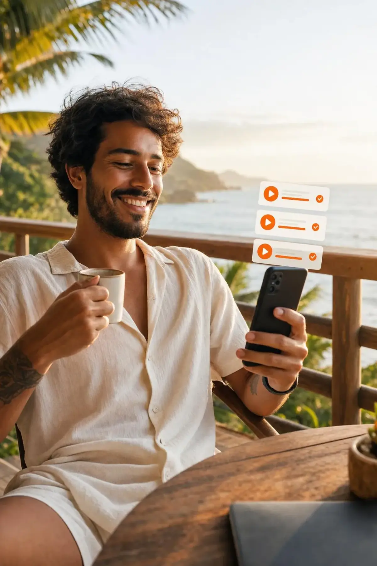 A mesma pessoa relaxada em uma varanda com café