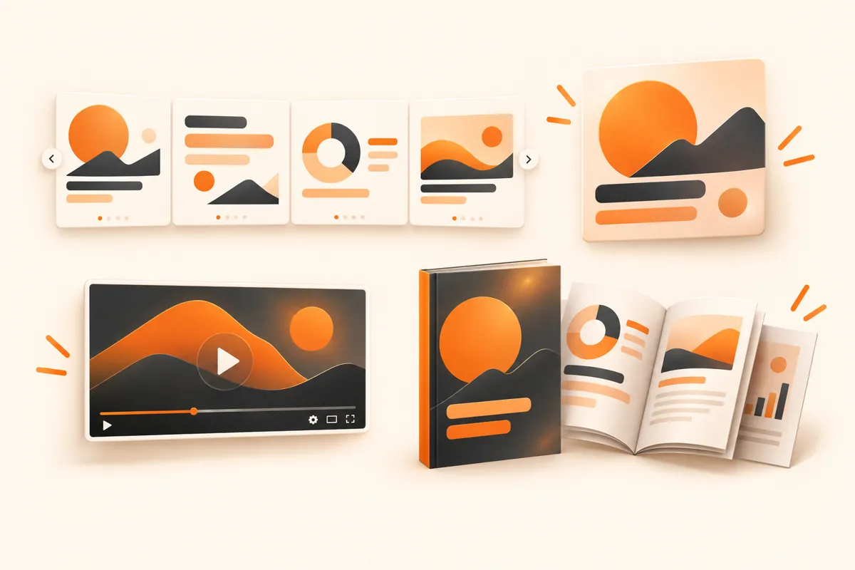 Carrossel, anúncio em imagem, capa de vídeo e e-book com a mesma identidade visual