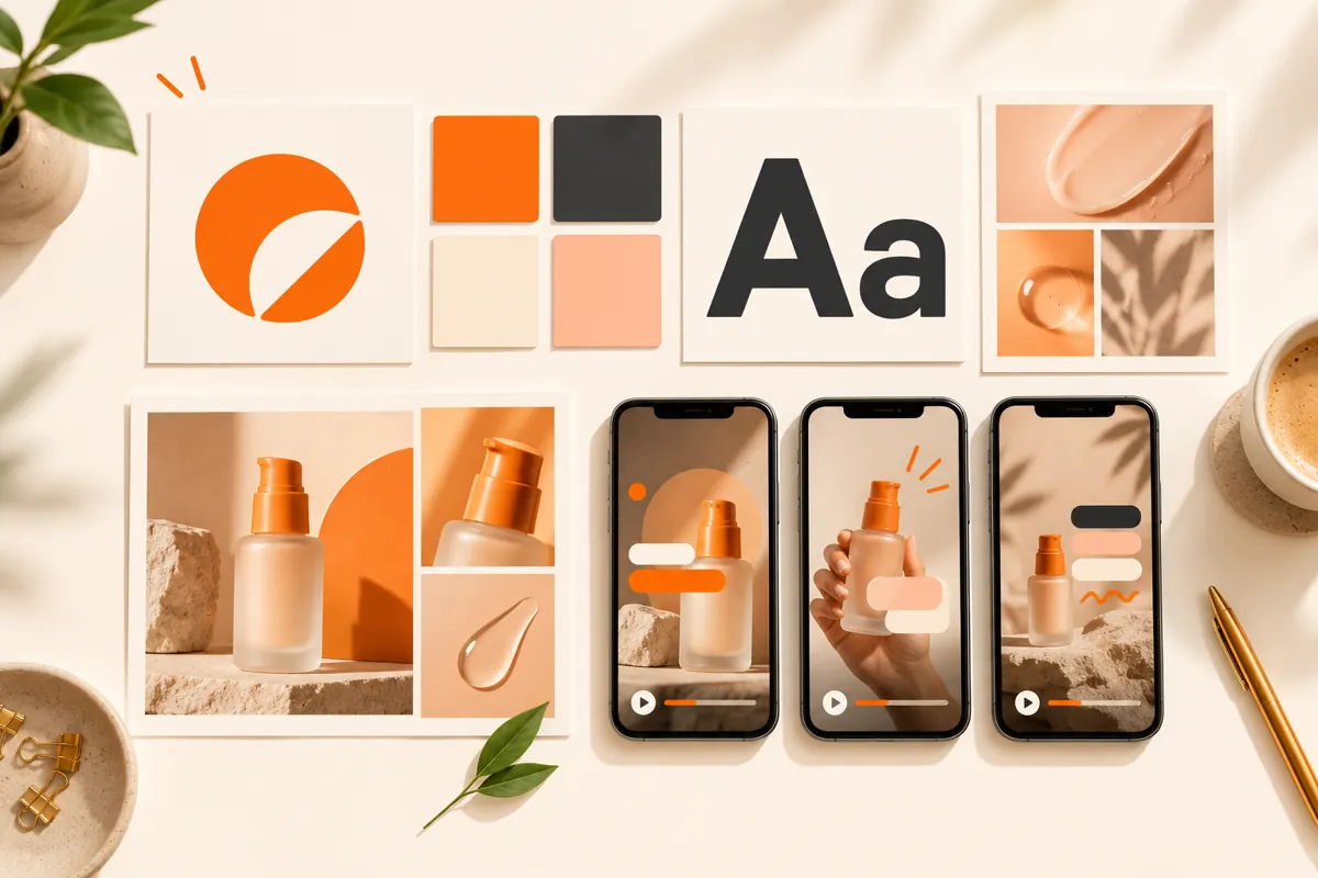 Logo, cores, fontes, fotos do produto e estilos de legenda da marca