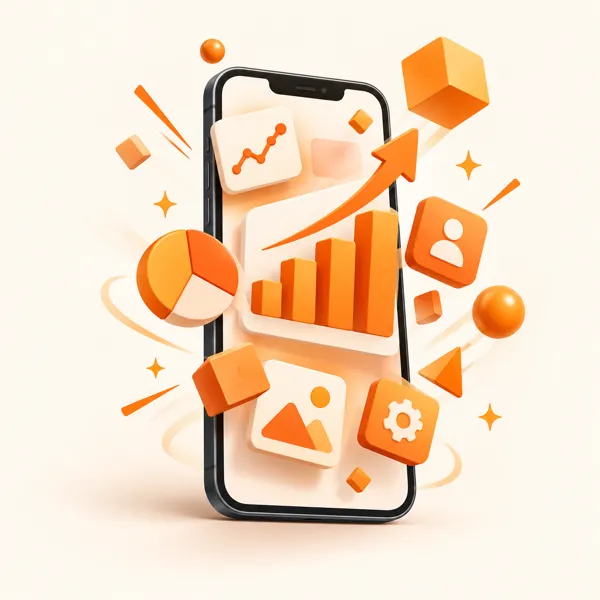 Celular com textos, gráficos e ícones animados