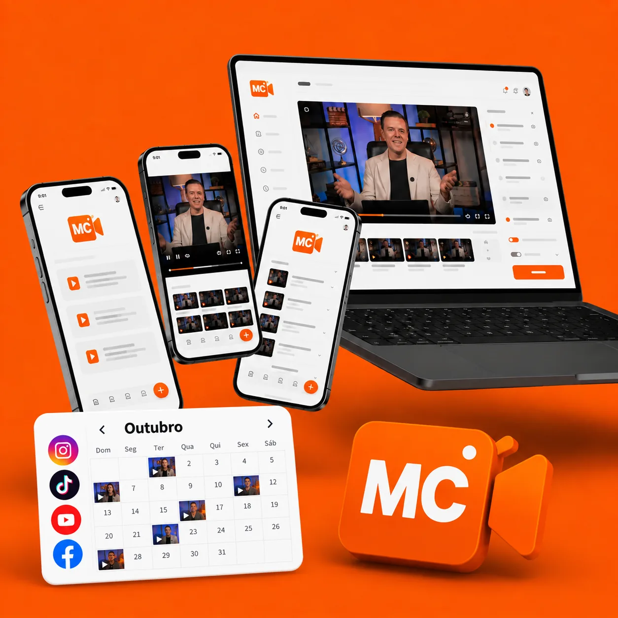 A Máquina de Criativos aberta no computador e no celular, com o calendário de posts