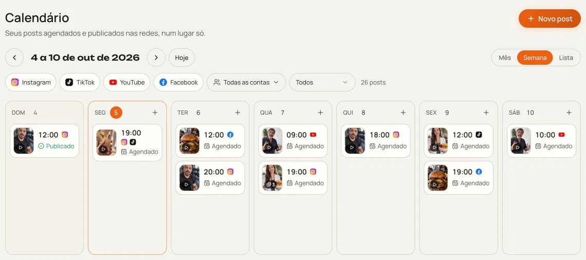 Tela Calendário da Máquina com os posts da semana agendados
