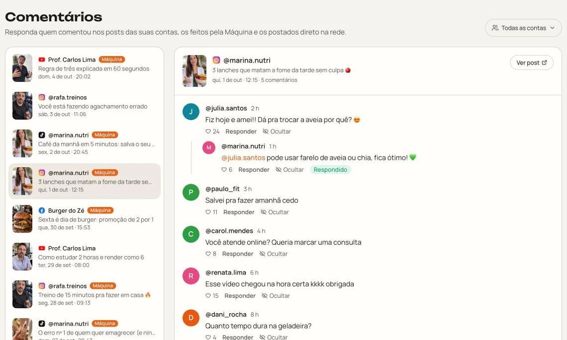 Tela Comentários com as respostas aos seguidores